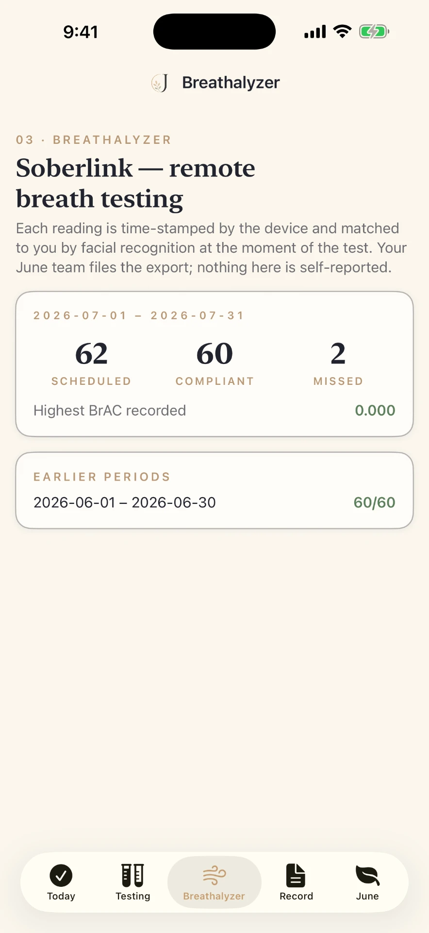 June app Breathalyzer screen