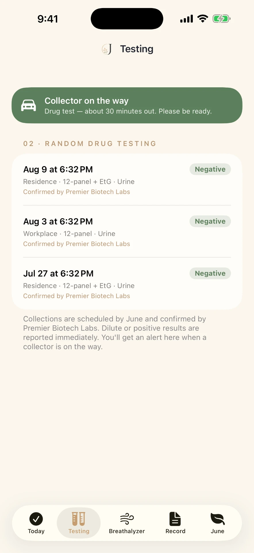 June app Testing screen