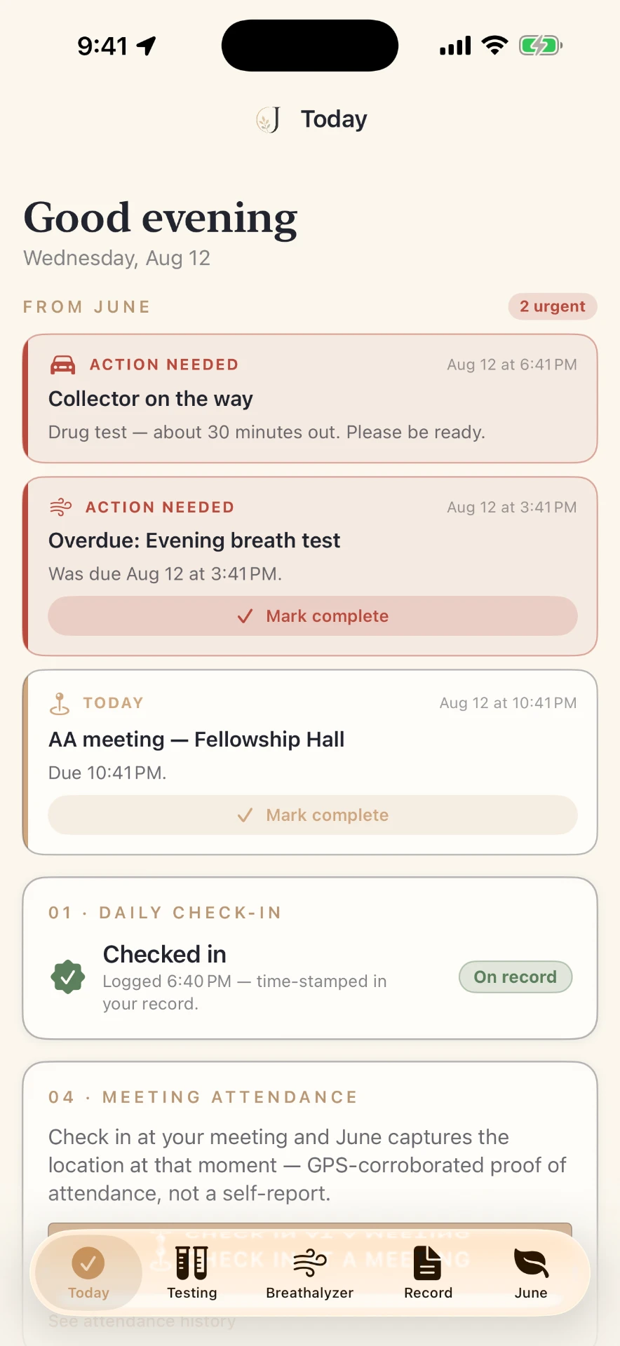 June app Today screen